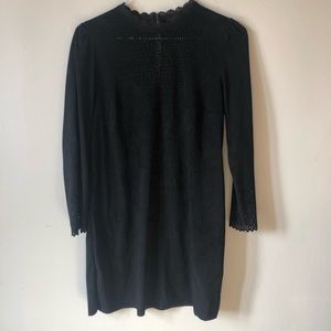 ❤️Zara Black Faux Suede Dress Laser Cut Outs Neckline Embroidery Size M